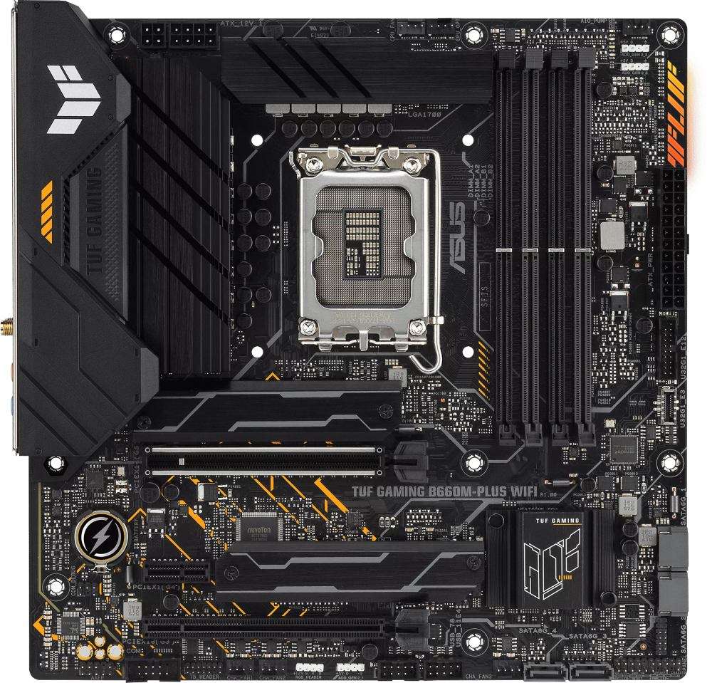 ����������� ����� ASUS TUF GAMING B660M-PLUS WIFI Socket 1700, Intel B660, 4xDDR5, PCI-E 5.0, 2500 ����/�, Wi-Fi, Bluetooth, USB 3.2 Gen1, 4xUSB 3.2 Gen2, USB 3.2 Gen2x2 Type-C, HDMI, DisplayPort, ���������, mATX