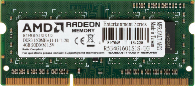 ����������� ������ 4Gb DDR-III 1600MHz AMD SO-DIMM (R534G1601S1S-UG) 4 ��, DDR3, 12800 ��/�, CL11-11-11-28, 1.5 �