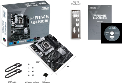 ����������� ����� ASUS PRIME B660-PLUS D4 Socket 1700, Intel B660, 4xDDR4, PCI-E 4.0, 2500 ����/�, USB 3.2 Gen1, 2xUSB 3.2 Gen2, USB 3.2 Gen2x2 Type-C, VGA, HDMI, DisplayPort, ATX