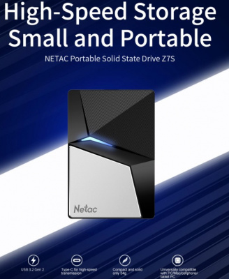 SSD External Netac 240Gb Z7S <NT01Z7S-240G-32BK> (USB3.2, up to 550/480MBs, 89�60�11.5mm, Aluminium+Steel+Plastic)
