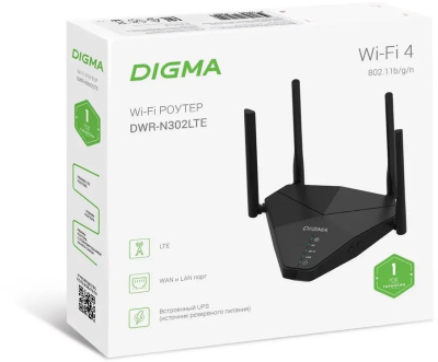 Wi-Fi ������ Digma DWR-N302LTE, Wi-Fi 4, N300, 2.4���, 2 LAN, 2G/3G/4G, ������